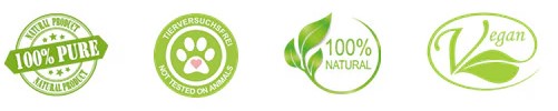 100 % pur, keine Tierversuche, 100 % natürlich, vegan